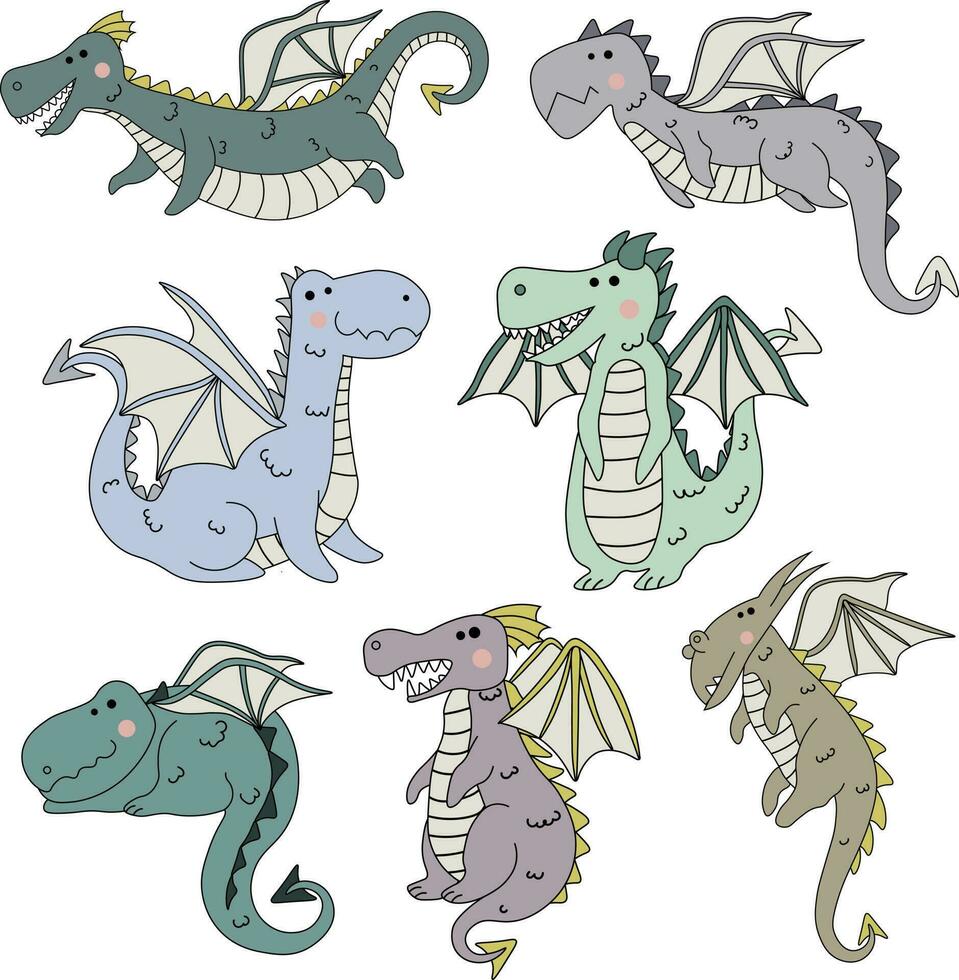 Vector set of fabulous Dragons isolated on white background.