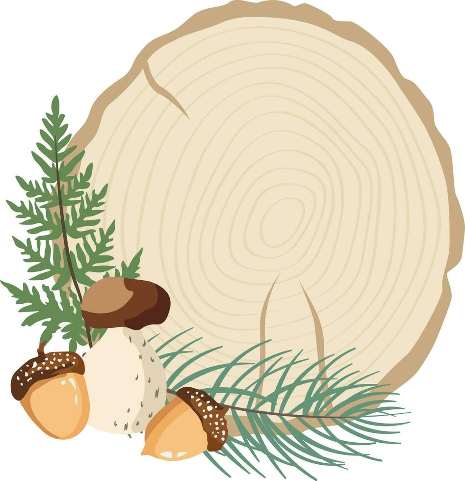 Wooden cut with autumn mushrooms and leaves in isolated background vector