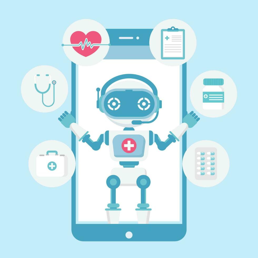 Online  robot doctor consultation technology on smartphone. vector