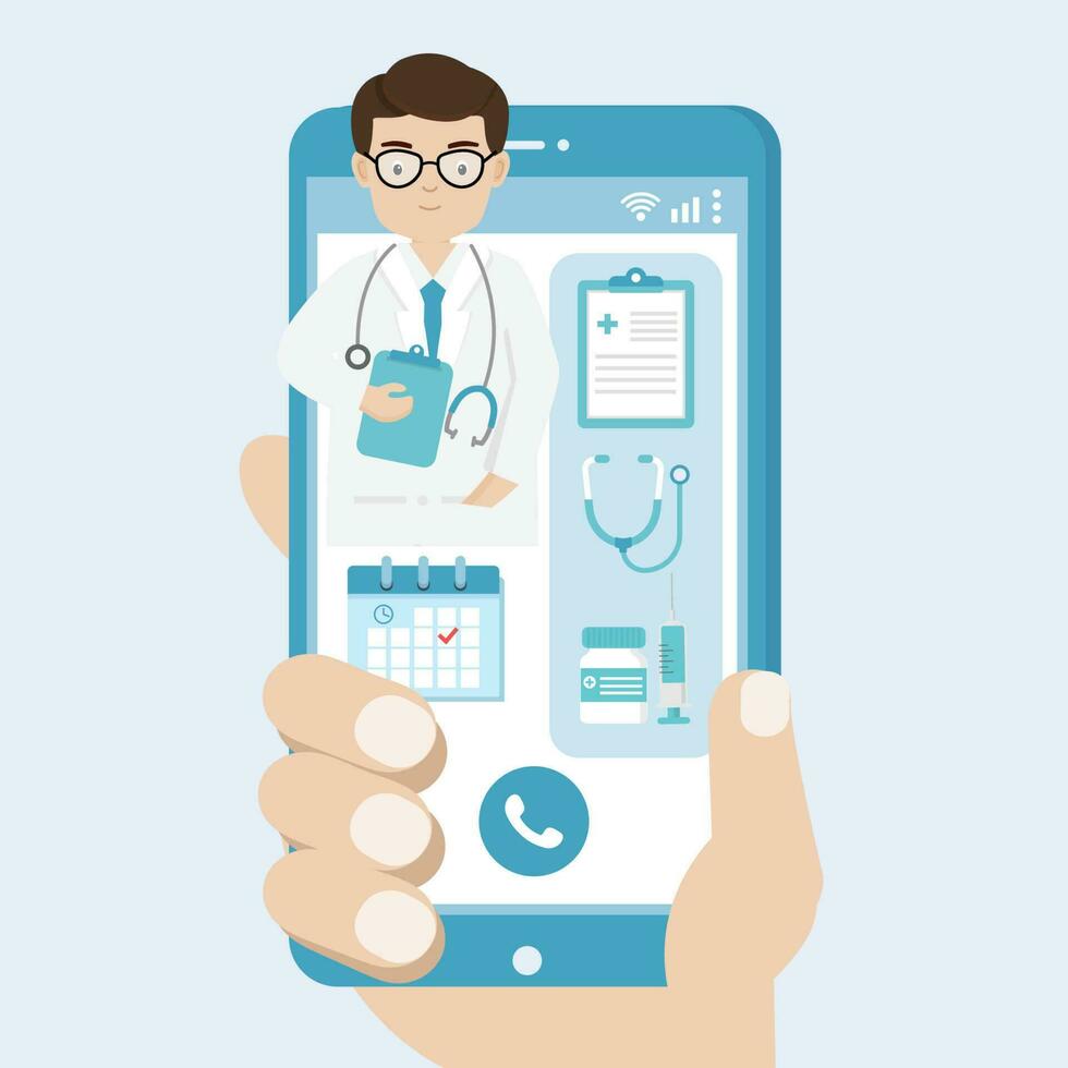 Online doctor and patient consultation on smartphone. vector