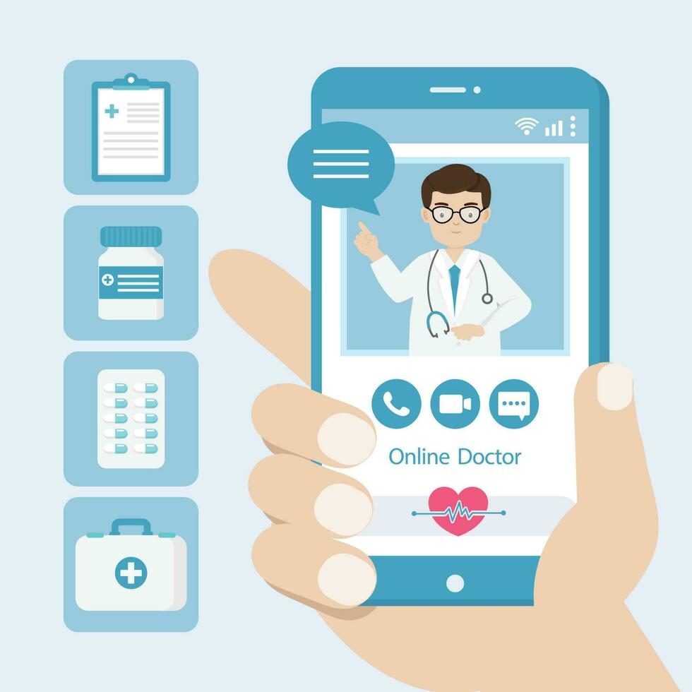 Online doctor and patient consultation on smartphone. vector