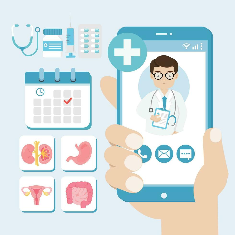 Online doctor and patient consultation on smartphone. vector