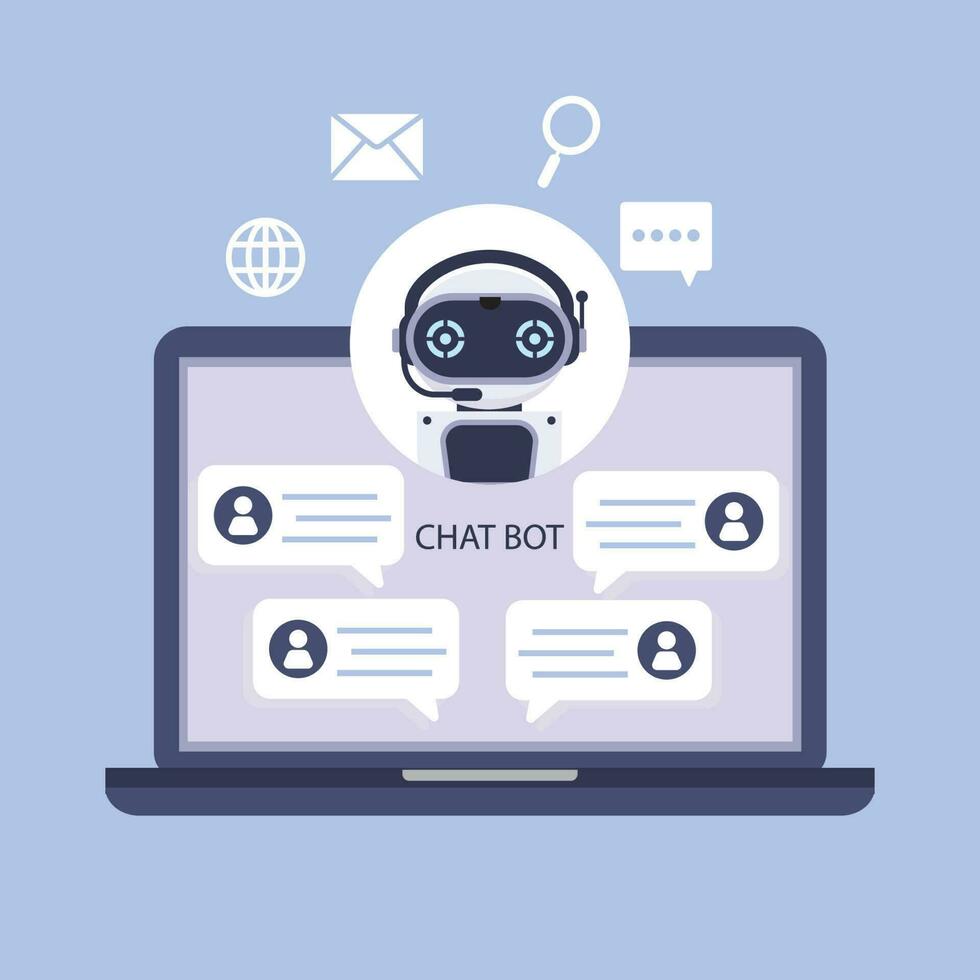 Chatbot online on laptop computer. Artificial intelligence in daily life vector