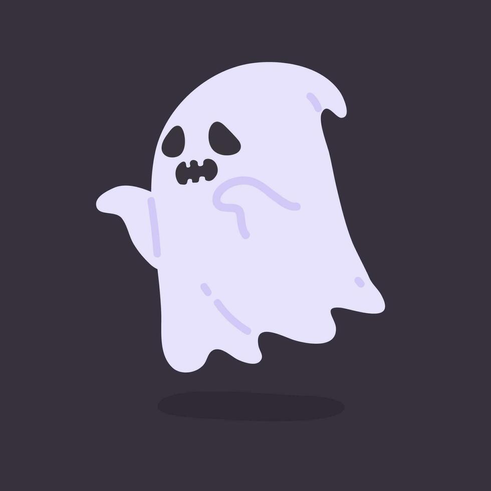 dibujos animados fantasma en blanco túnica flotante guarida y susto personas en Víspera de Todos los Santos noche. vector