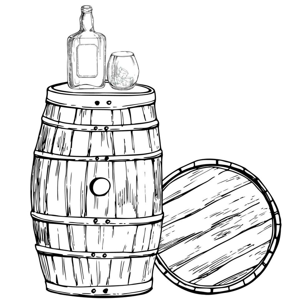 tinta mano dibujado vector gráfico bosquejo. escocés escocés whisky whisky de madera barril, botella con etiqueta y vaso con rocas diseño para turismo, viajar, folleto, boda, guía, imprimir, tarjeta, tatuaje.