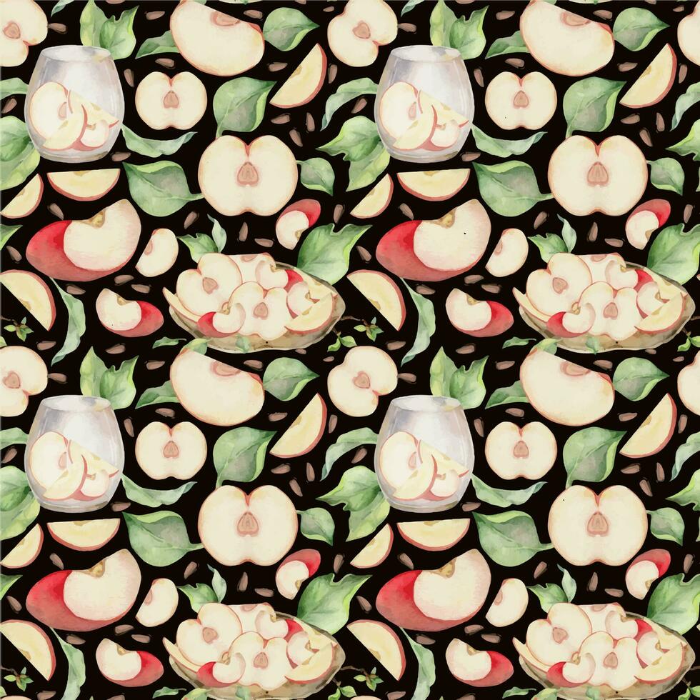 Hand drawn watercolor apple fruits, ripe, full and slices red and green with leaves. Seamless pattern. Isolated object on color background. Design for wall art, wedding, print, fabric, cover, card. vector