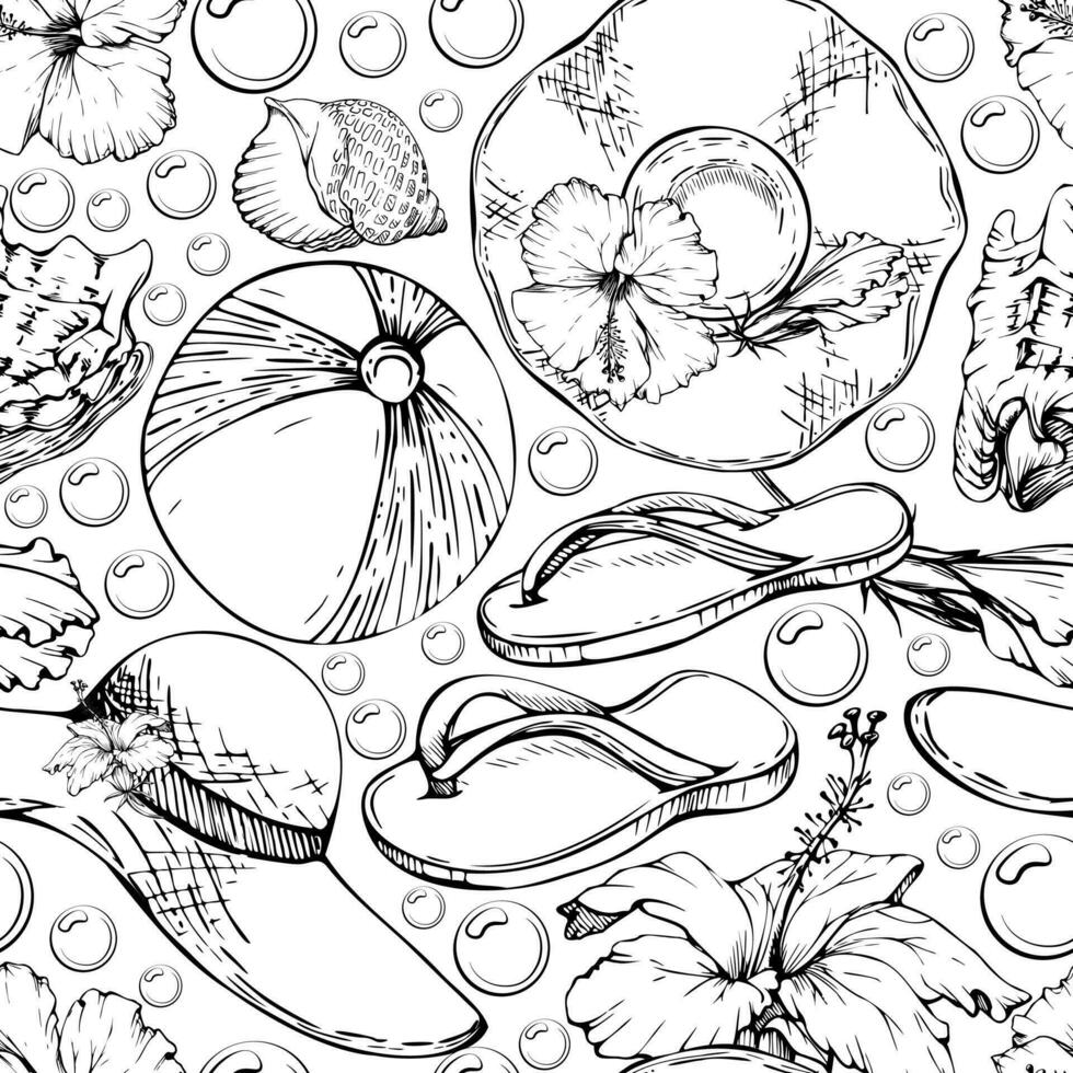 Hand drawn vector ink beach accessories, sun hat ball flip flop sandals hibiscus Seamless pattern. Isolated on white background. Wall art, wedding, print, fabric, cover, card, tourism, travel booklet.