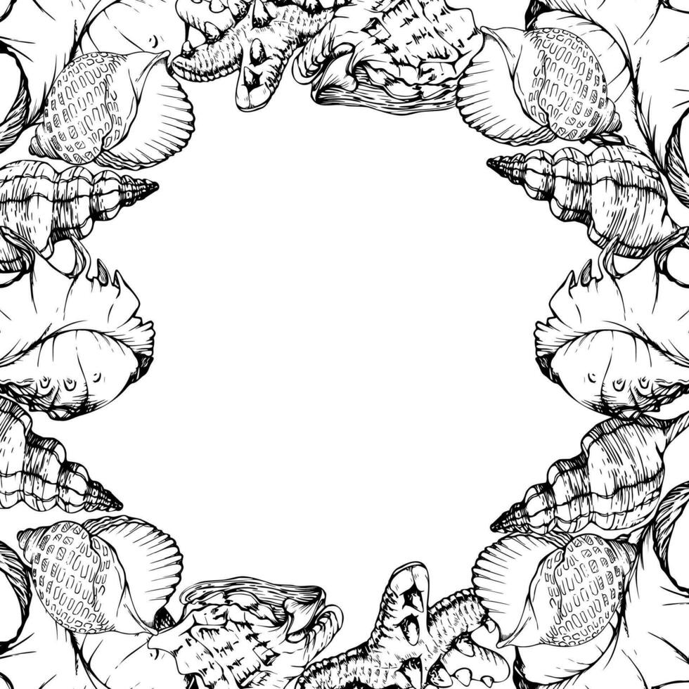 Hand drawn vector ink exotic sea shells and colorful glass, starfish. Circle wreath frame. Isolated on white background. Design wall art, wedding, print, fabric, cover, card, tourism, travel booklet.