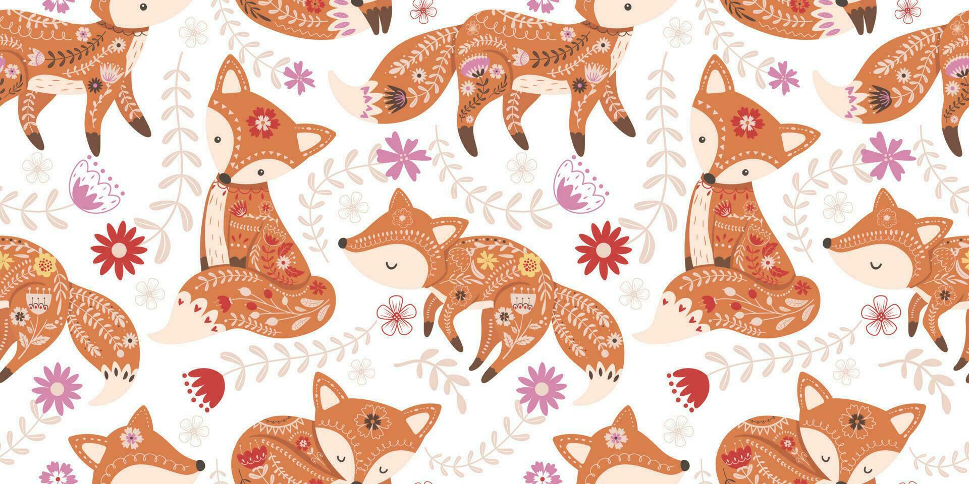 Beautiful Folk Fox Seamless Pattern vector
