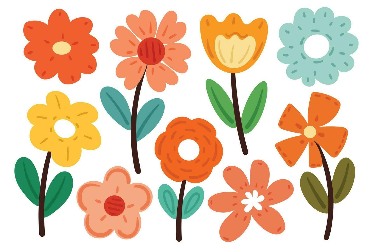 hand drawing flower and leaves sticker set vector