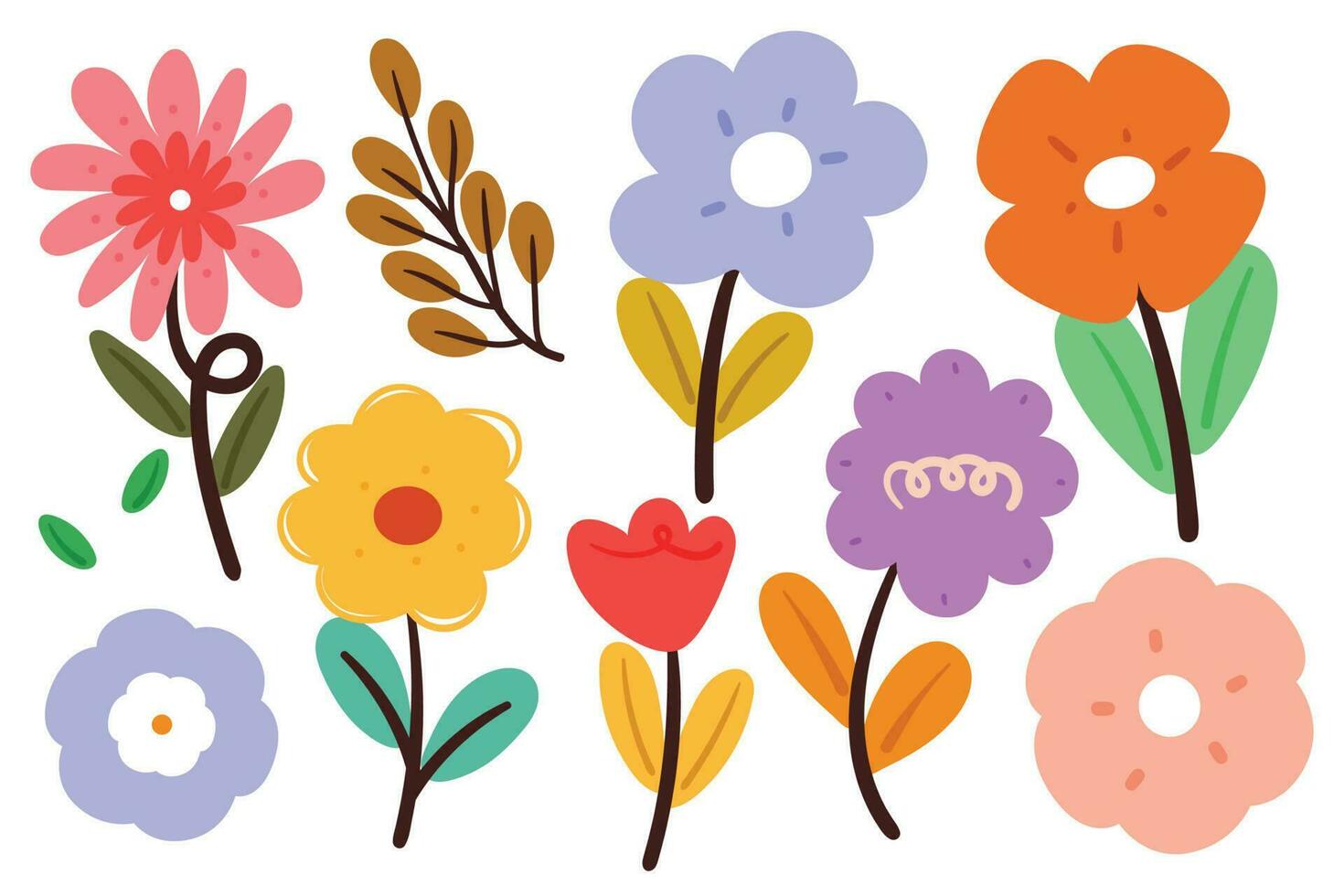 juego de pegatinas de flores y hojas de dibujo a mano vector