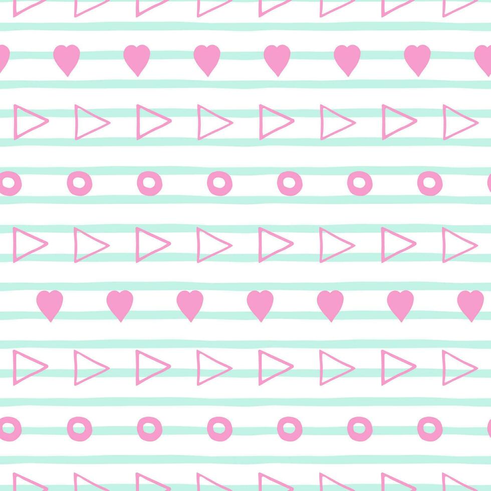 Seamless striped hand drawn pattern in pink and blue colors with triangle, dots, hearts elements in ornate. Abstract vector stroked background with grunge effect. Love style