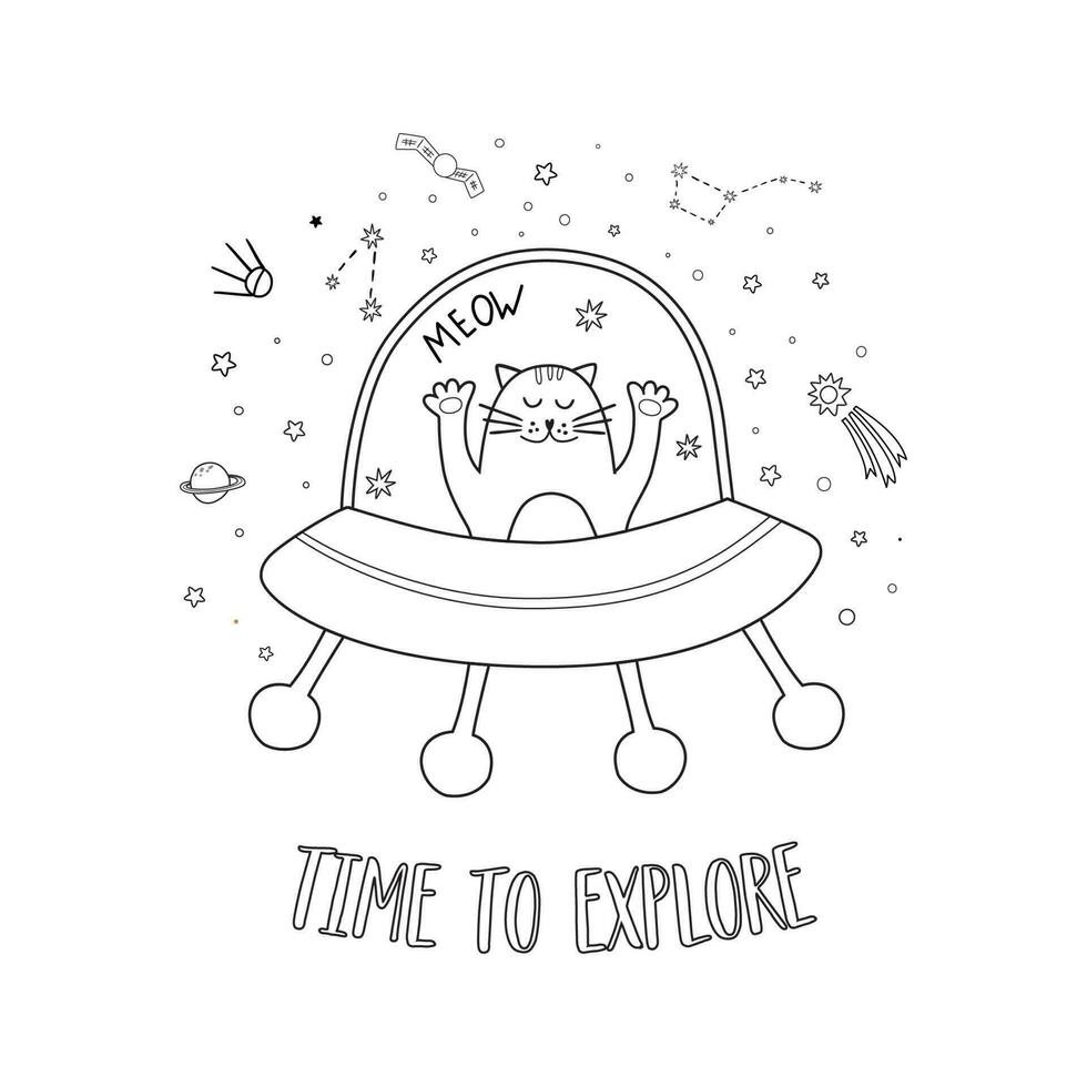 Easy coloring page of space, cat astronaut in rocket. Cute coloring page for kids. Children game, toddler activity. Cosmas stars, planet coloring book. Universe page be colored. Vector illustration.