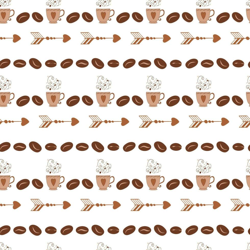 antecedentes con taza y café frijoles. decorativo resumen sin costura modelo en retro estilo con café frijol, taza, taza, flecha hecho en marrón colores. fondo de pantalla o paquete diseño. vector