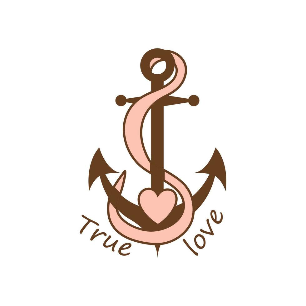 Valentines day tattoo anchor. Vintage tattoo anchor ribbon love inscription True love. Old school tattoo Retro sailor graphic element. Romantic logo design. Marine vector illustration.