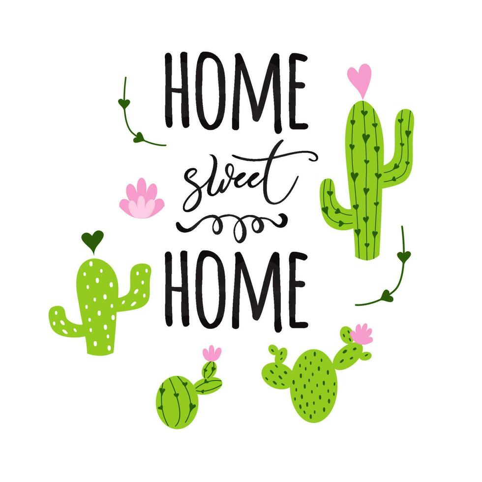 hogar dulce hom bandera espinoso cactus con corazón y inspirador citar en blanco antecedentes linda mano dibujado saludo tarjetas póster logo firmar impresión etiqueta símbolo vector ilustración hogar decoración.