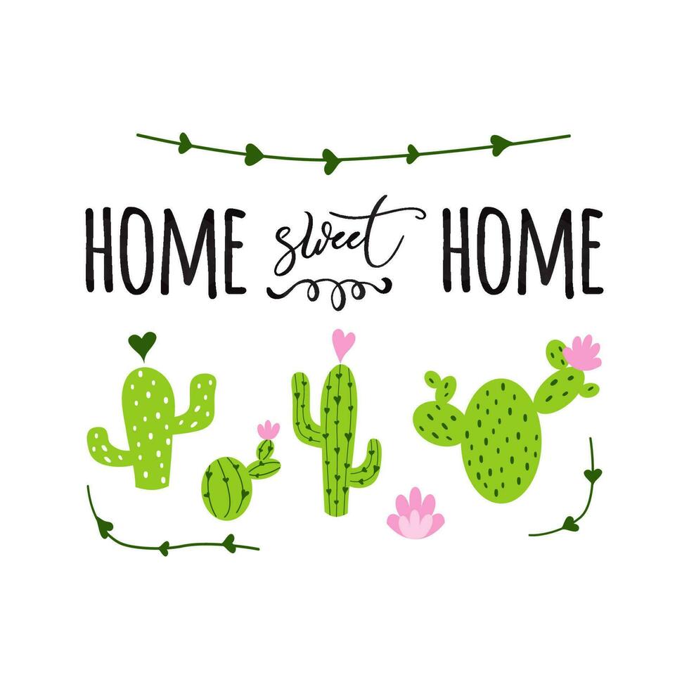 Home sweet hom banner Prickly cactus with heart and inspirational quote on white background Cute hand drawn greeting cards poster logo sign print label symbol Vector illustration Home decor.