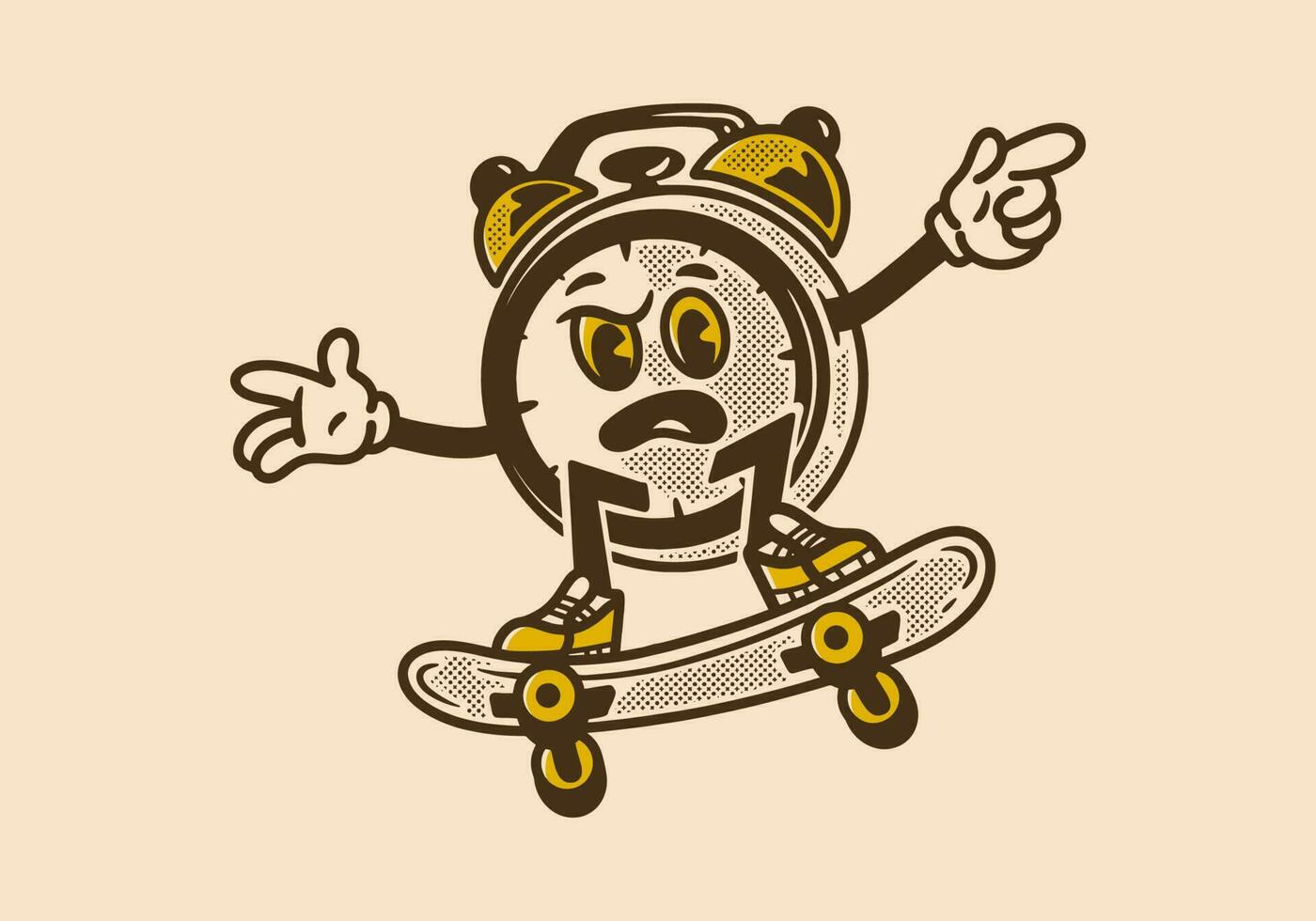 mascota personaje de escritorio reloj saltando en el patineta vector