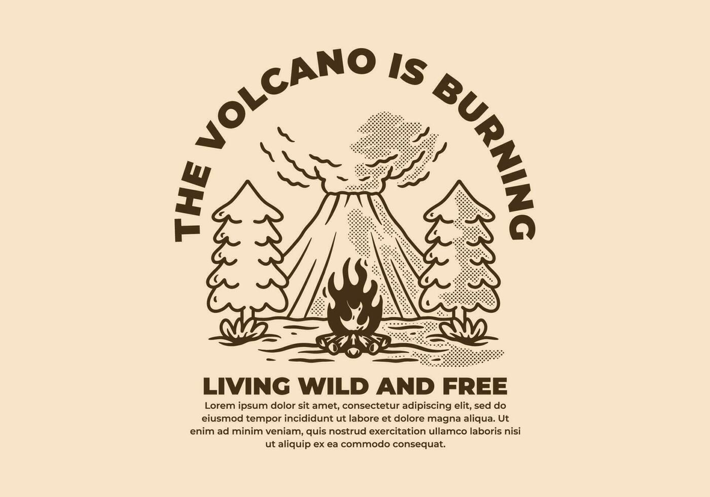 Vintage illustration of volcano, pine trees and bonfire vector