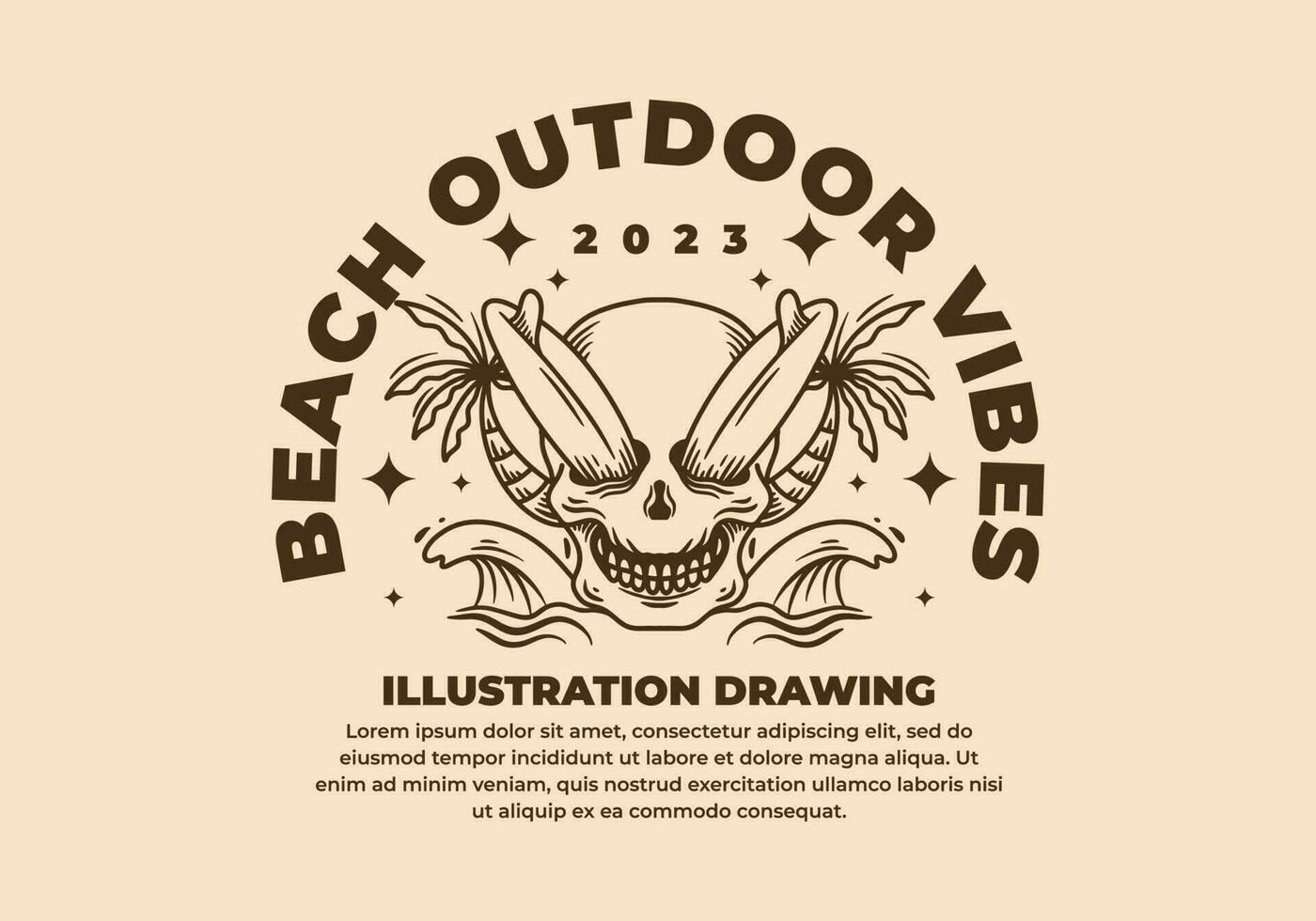 Vintage illustration of skull and surfboard between two coconut trees vector
