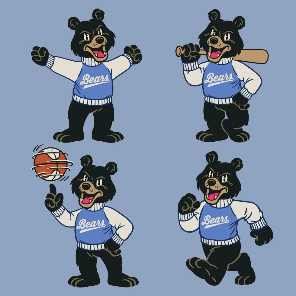 conjunto de negro oso deporte mascota en Clásico retro mano dibujado estilo vector