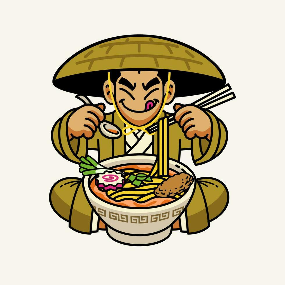 japonés tradicional hombres en Paja sombrero comiendo ramen fideos vector