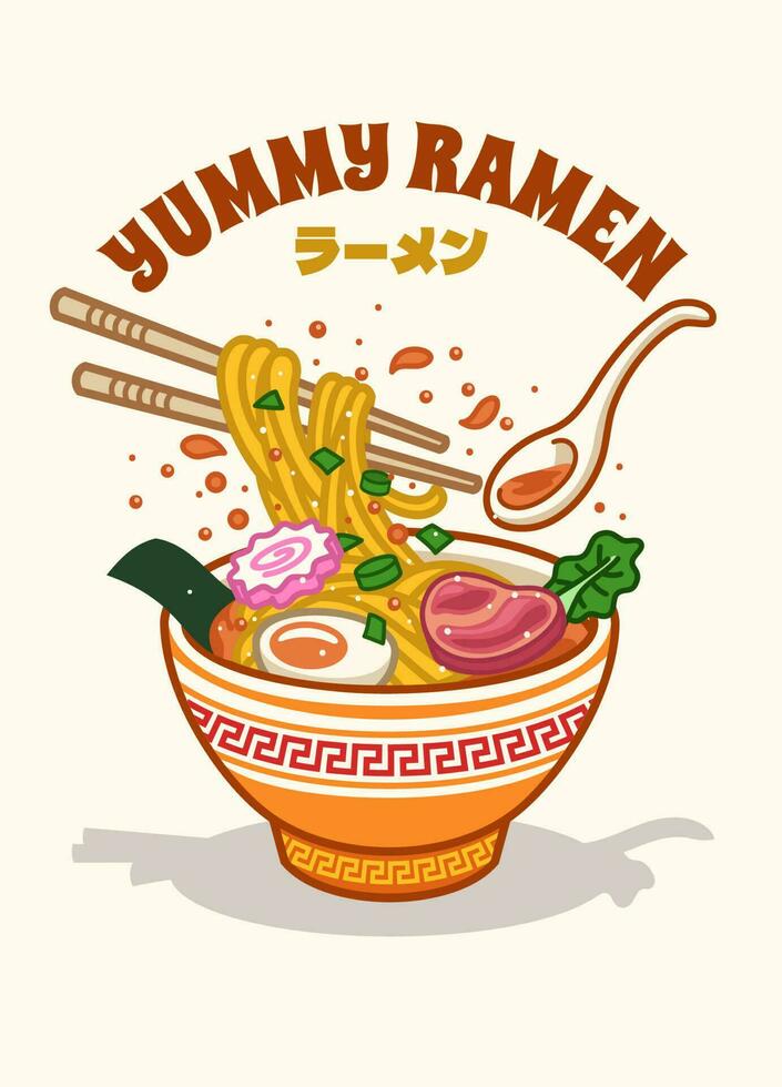 Yummy Japanese Ramen in Cartoon Funny Style vector