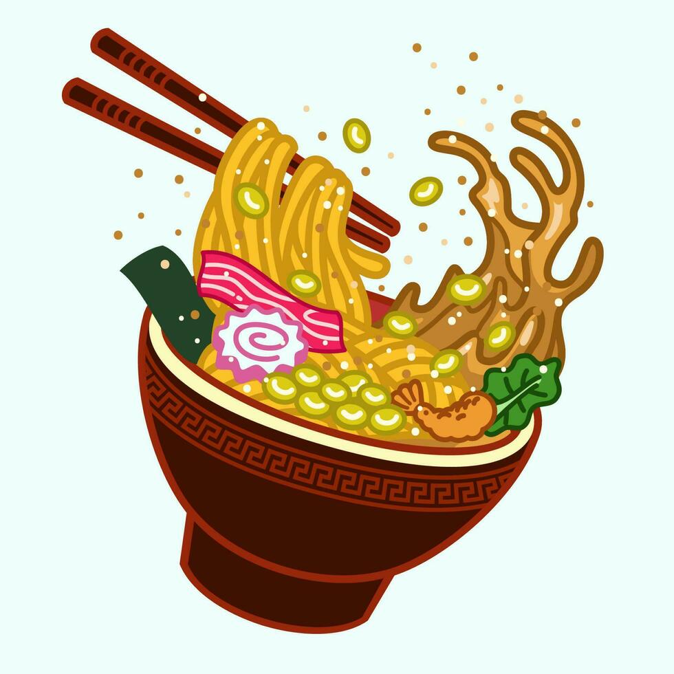 ramen fideos delicioso en cuenco vector