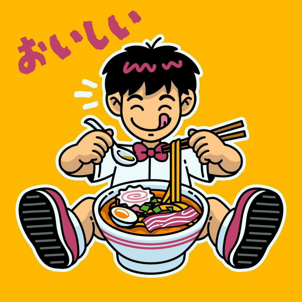 japonés colegio chico comiendo el ramen fideos japonés palabra medio delicioso vector