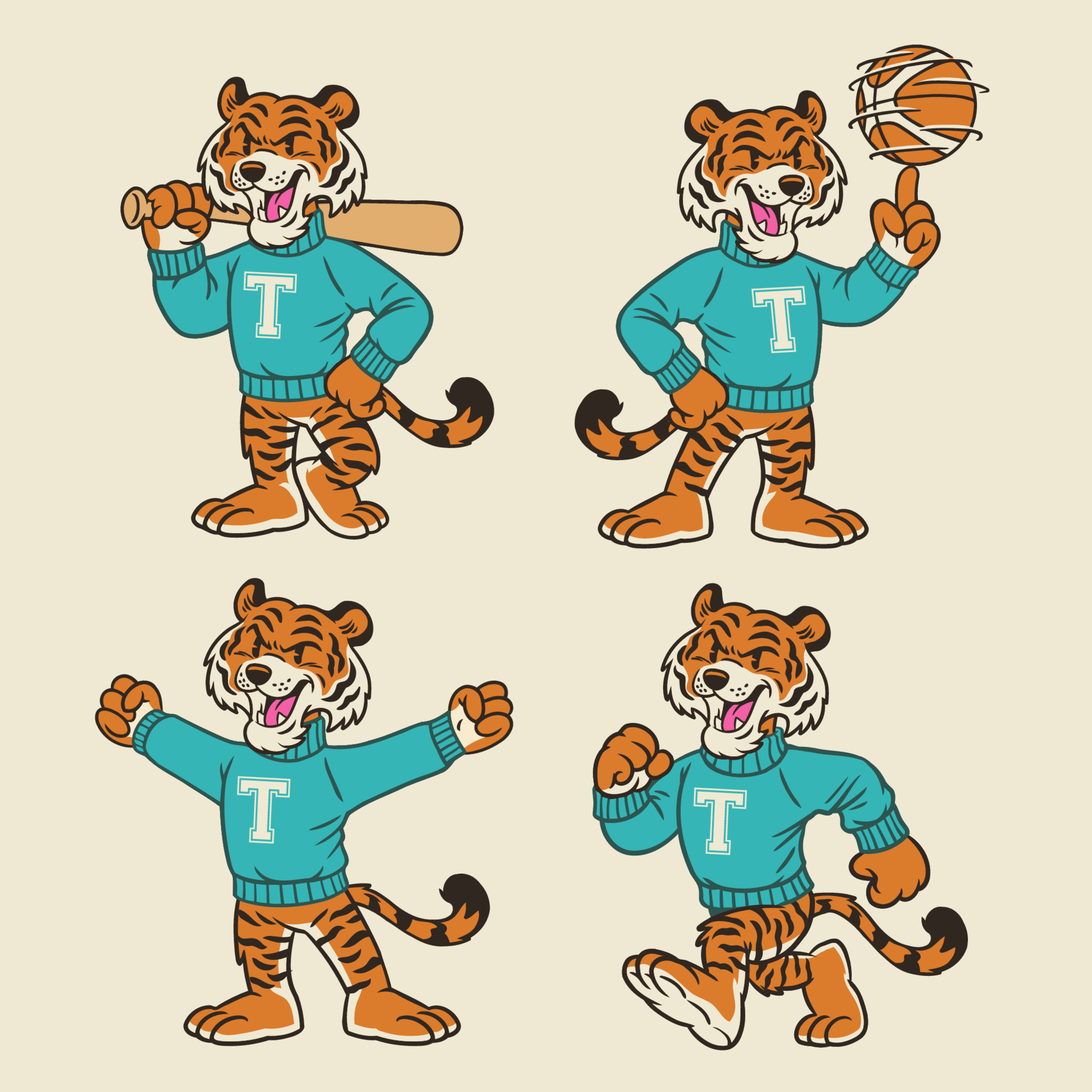 Set of Tiger Sport Mascot in Vintage Retro Hand Drawn Style 24151756