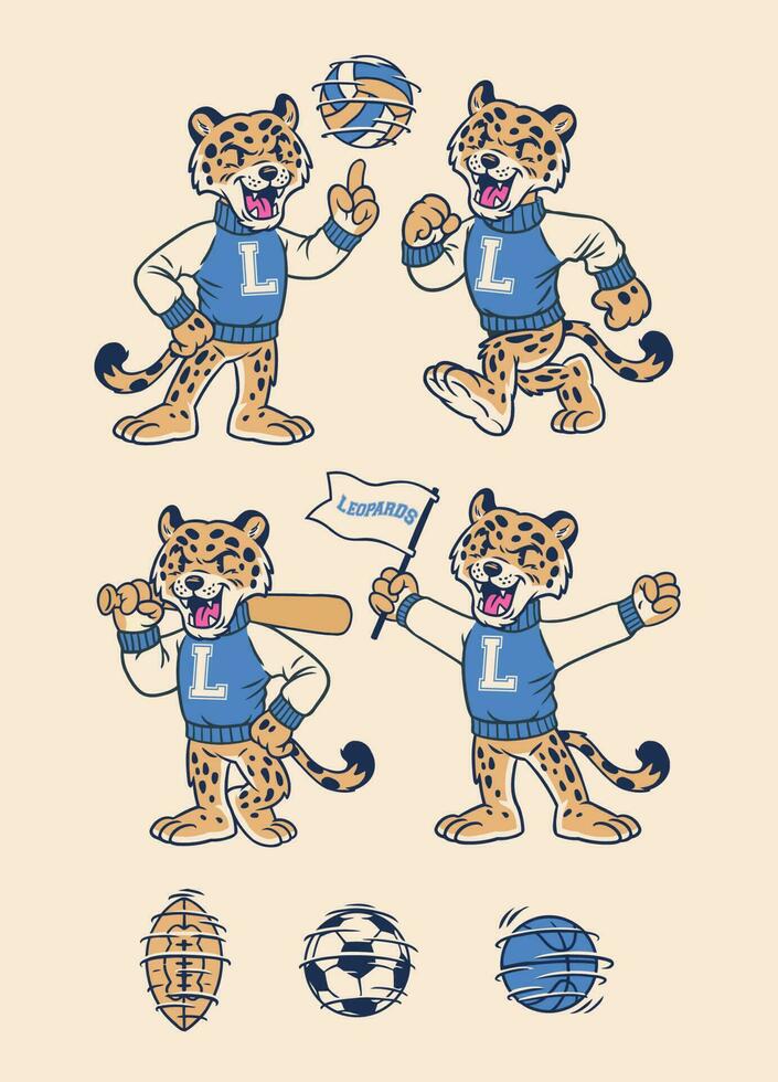 conjunto de leopardo deporte mascota en Clásico retro mano dibujado estilo vector