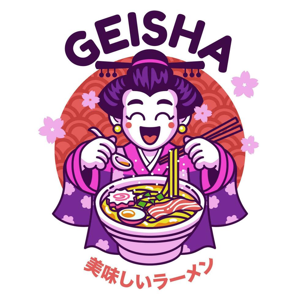 geisha linda dibujos animados mascota comiendo ramen fideos con japonés texto medio delicioso ramen vector