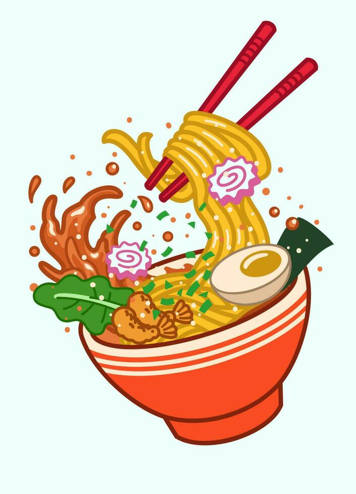 Flowing Ramen Noodle in a bowl vector