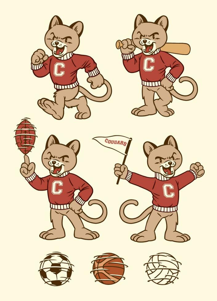 conjunto de puma Puma deporte mascota en Clásico retro mano dibujado estilo vector