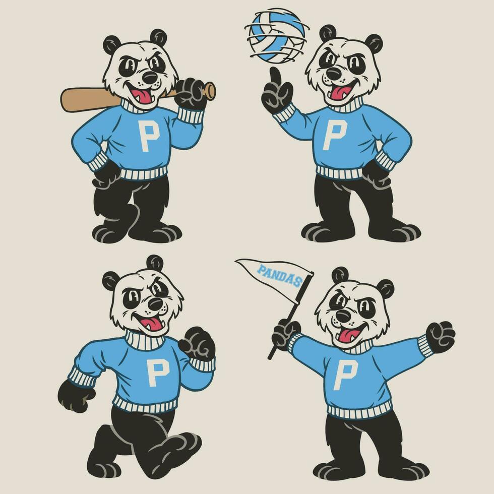 conjunto de panda deporte mascota en Clásico retro mano dibujado estilo vector