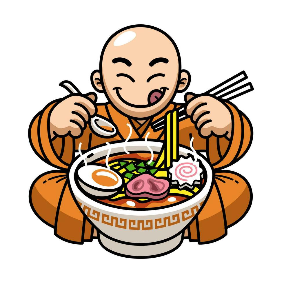 monje linda mascota japonés ramen fideos vector