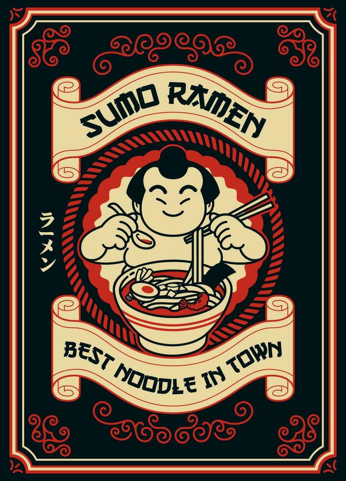 sumo Clásico diseño de ramen tienda con japonés guión medio ramen vector