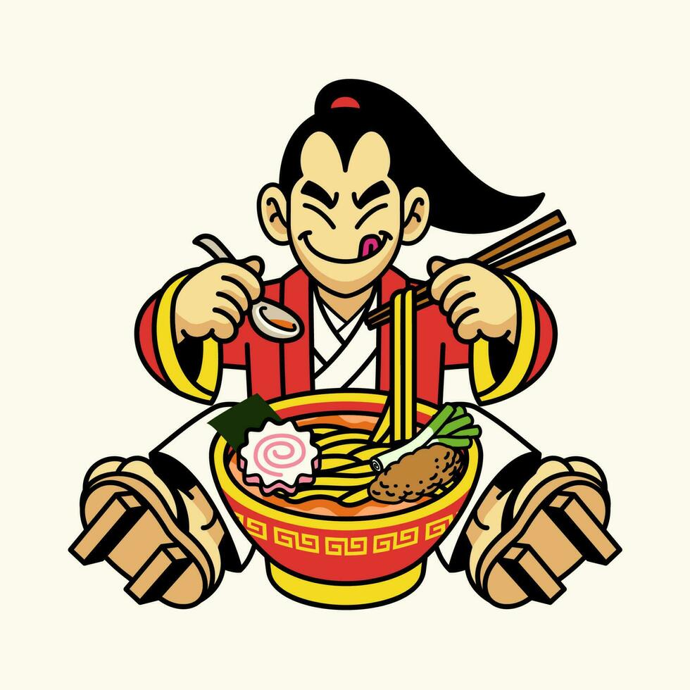 japonés tradicional hombres vistiendo kimono y comiendo el ramen fideos vector