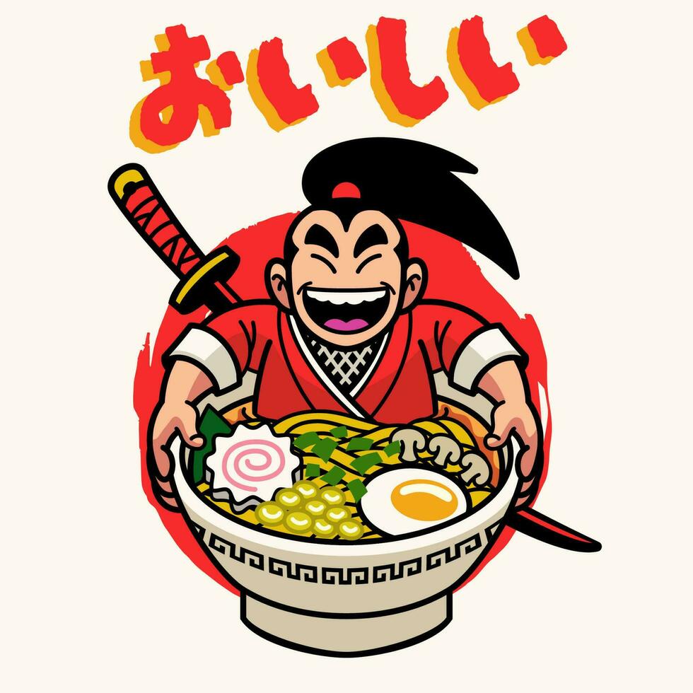 Samurai Cartoon Mascot Eats Ramen Noodle Japanese Word means Delicious vector