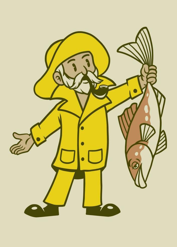 mascota personaje de pescador en retro Clásico estilo vector