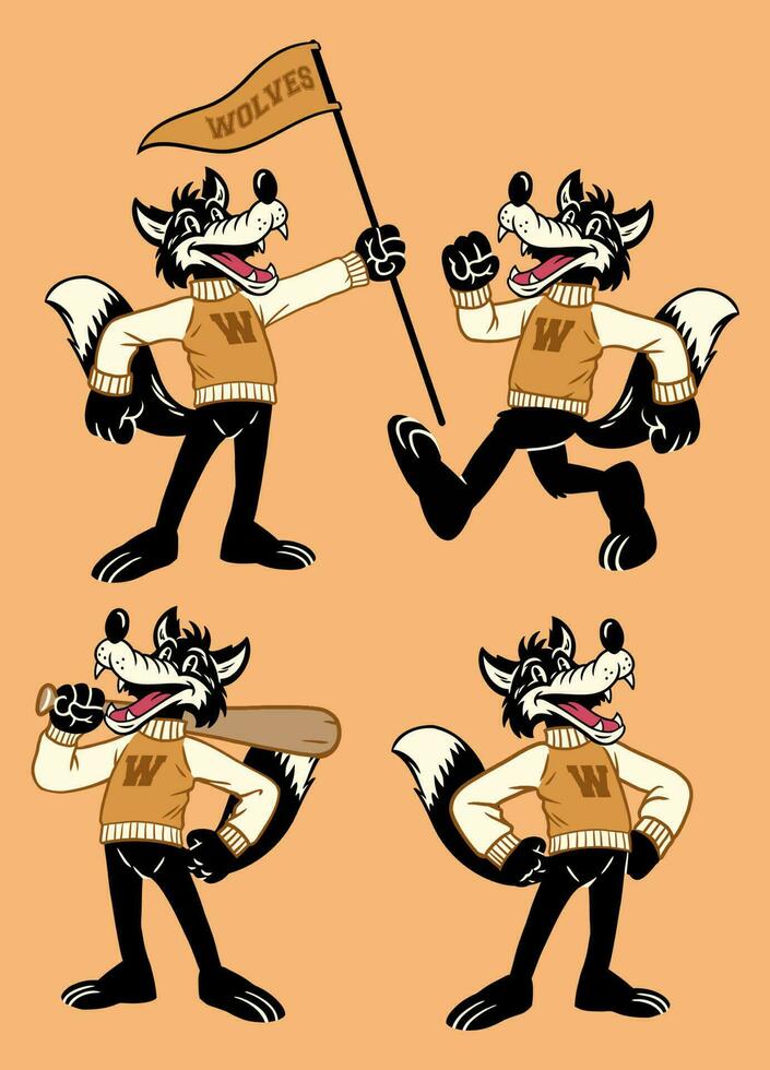 Set of Wolf Sport Mascot in Vintage Retro Hand Drawn Style vector