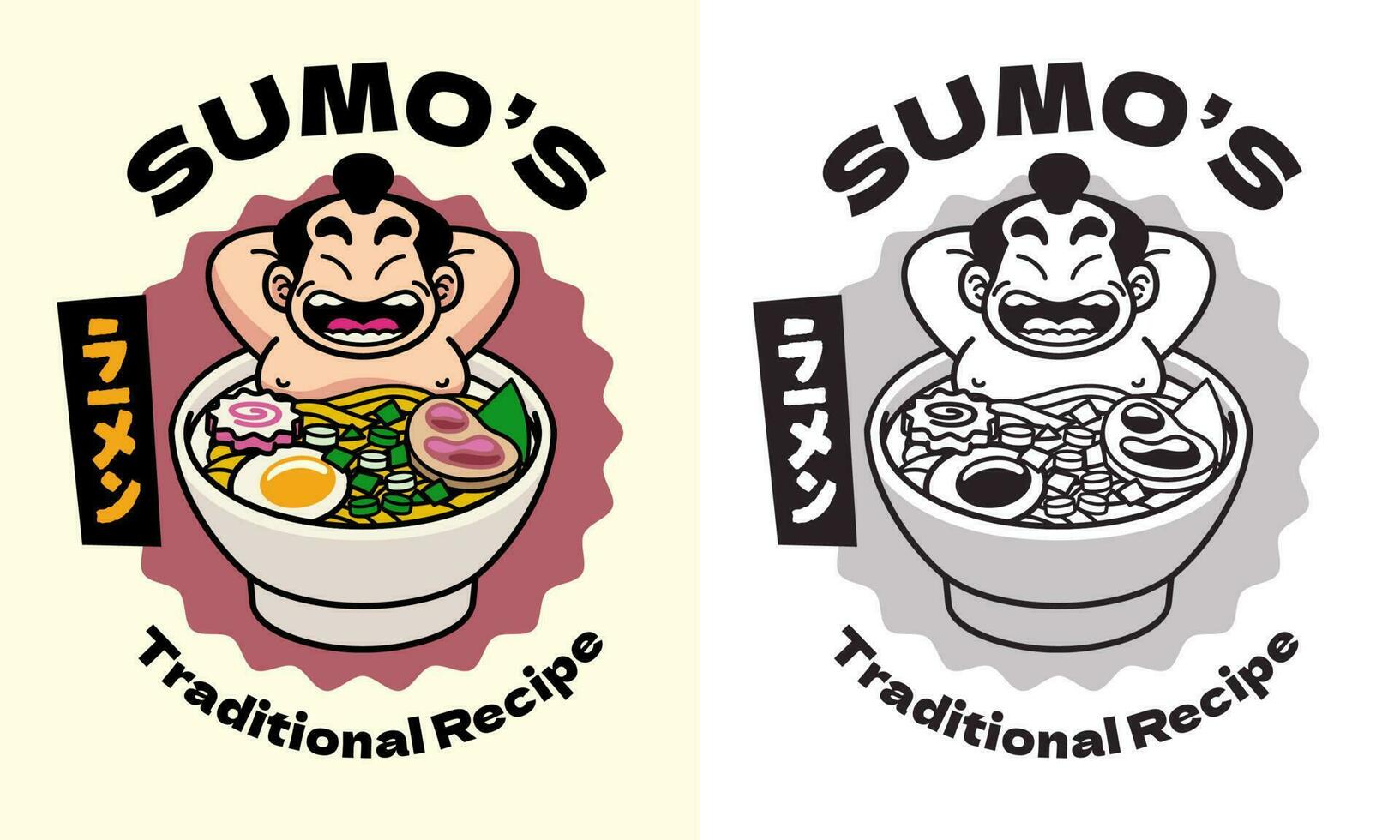 Sumo Mascot Ramen Cartoon Logo Set Japanese Word Means Ramen vector