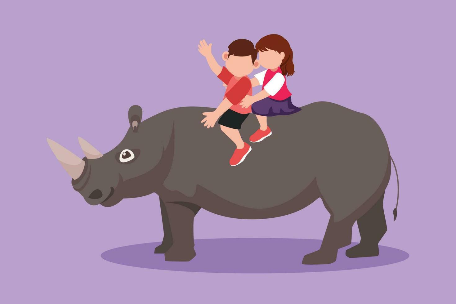 Cartoon flat style drawing happy little boy and girl riding rhino rhinoceros together. Children sitting on back rhinoceros in zoo. Kids learning to ride rhinoceros. Graphic design vector illustration