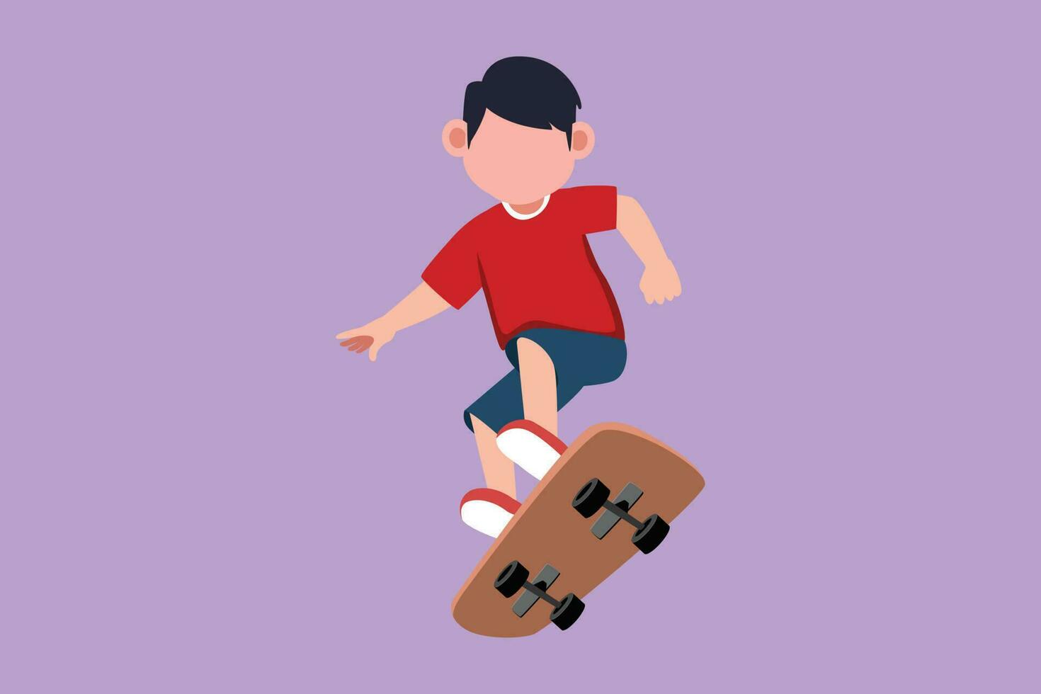 Graphic flat design drawing adorable little boy playing on skateboard. Cheerful kids accelerating doing jumping. Happy children on skateboarding ride at playground. Cartoon style vector illustration