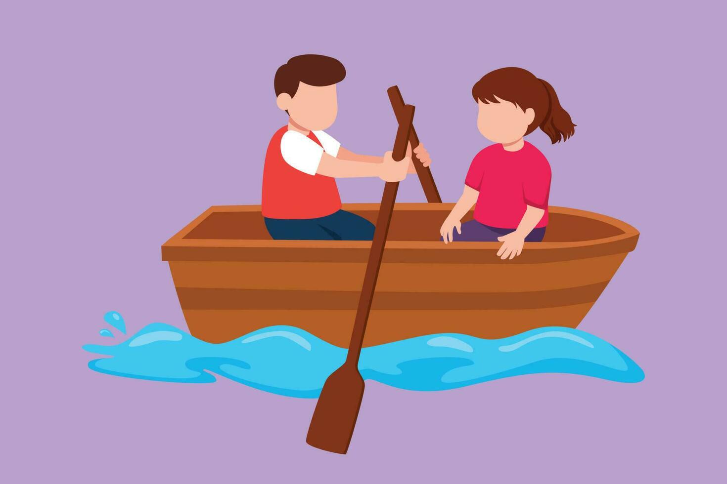 Character flat drawing little boy and girl paddling boat together. Kids riding on wooden boat at river. Kids rowing boat on small lake. Happy children paddle boat. Cartoon design vector illustration