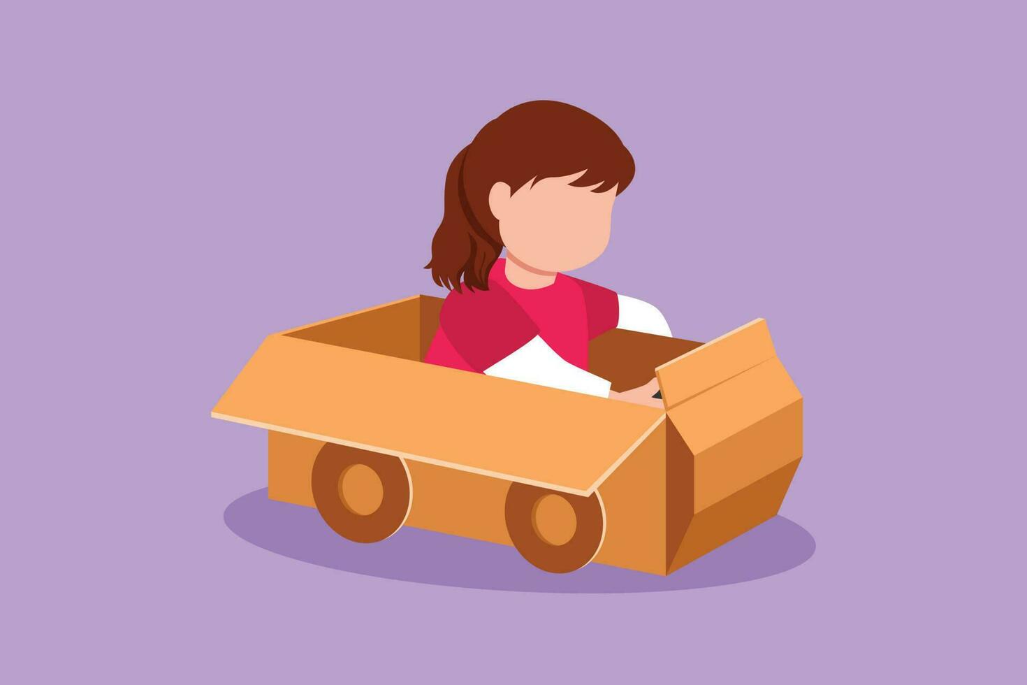 Graphic flat design drawing of pretty little girl driving cardboard car. Happy children ride on toy car made of cardboard. Creative kids plays with her cardboard car. Cartoon style vector illustration