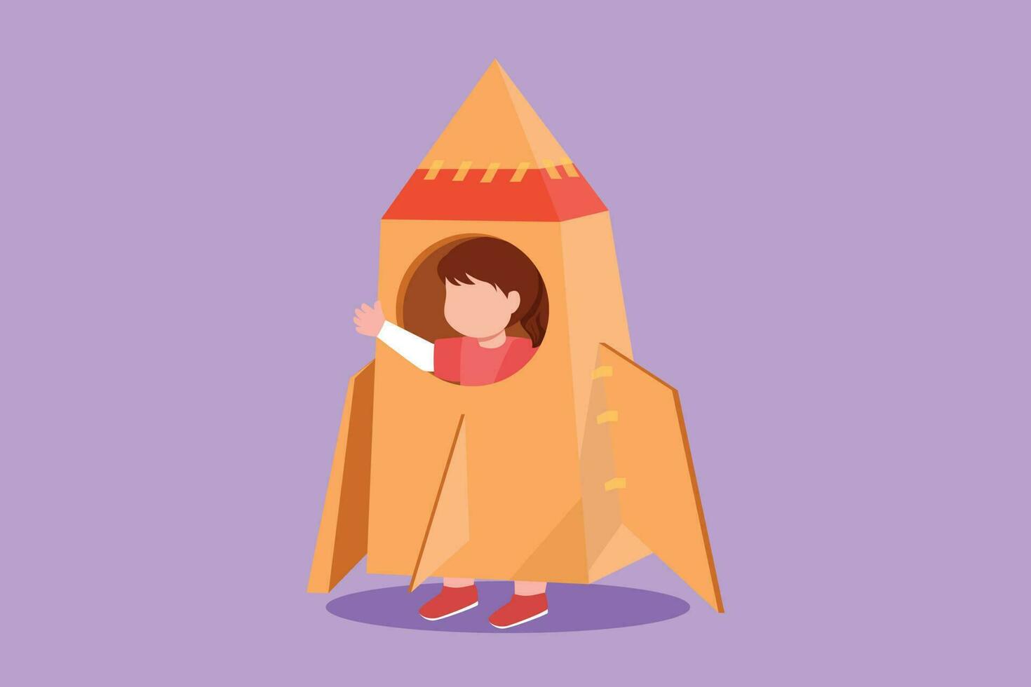 Cartoon flat style drawing cute creative little girl playing as astronaut. Happy and lovely kids in rocket costume made of cardboard boxes. Children creative idea. Graphic design vector illustration