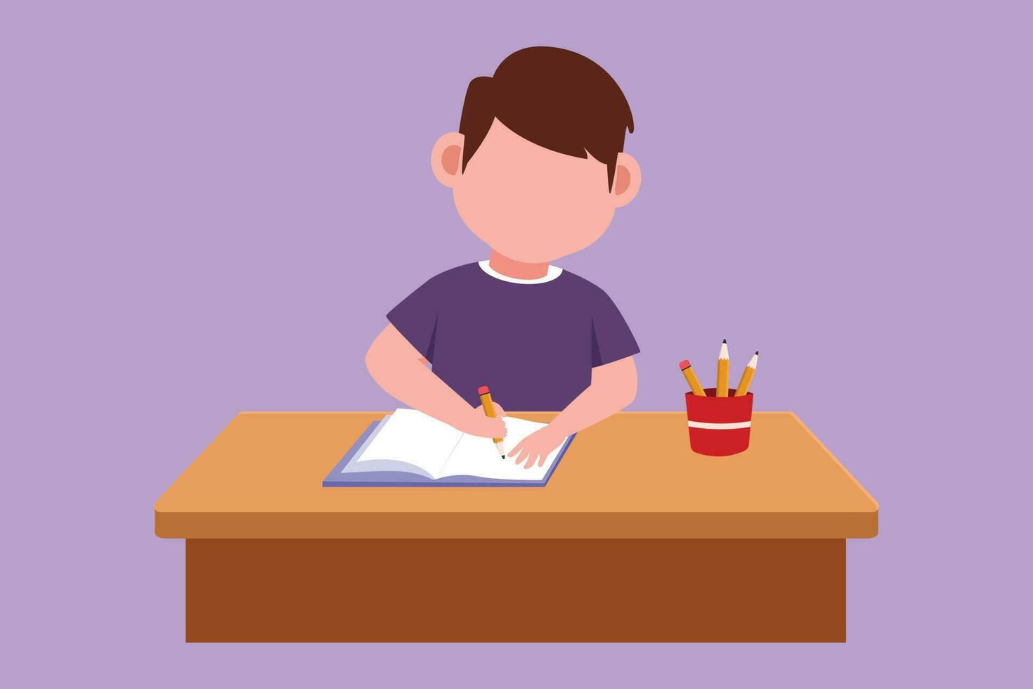 Cartoon flat style drawing adorable little boy studying on table with stationery such as books, pencils, pens. Kid makes homework from school. Intelligent student. Graphic design vector illustration