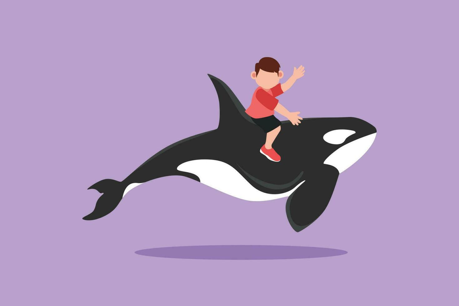 Cartoon flat style drawing bravery little boy riding orca. Adorable kids sitting on back whale killer in deep zoo swimming pool. Whale killer or orca in deep water. Graphic design vector illustration