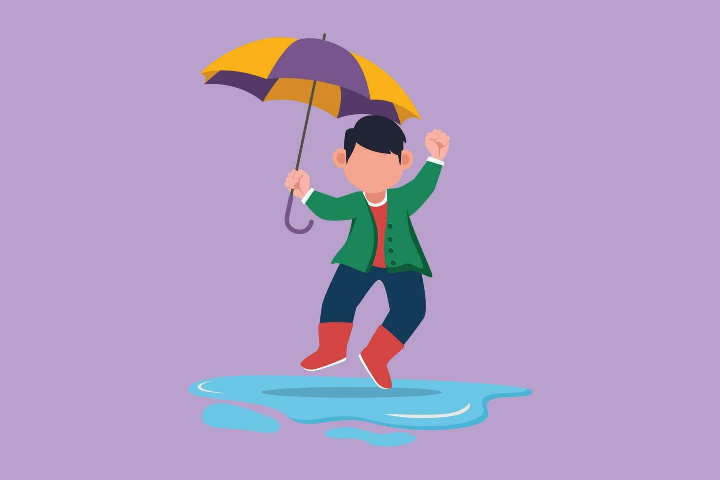 Cartoon flat style drawing cute little boy play wear raincoat and umbrella. Child playing in rain. Kids in raincoat and rubber boots plays in rain, puddle splashing. Graphic design vector illustration